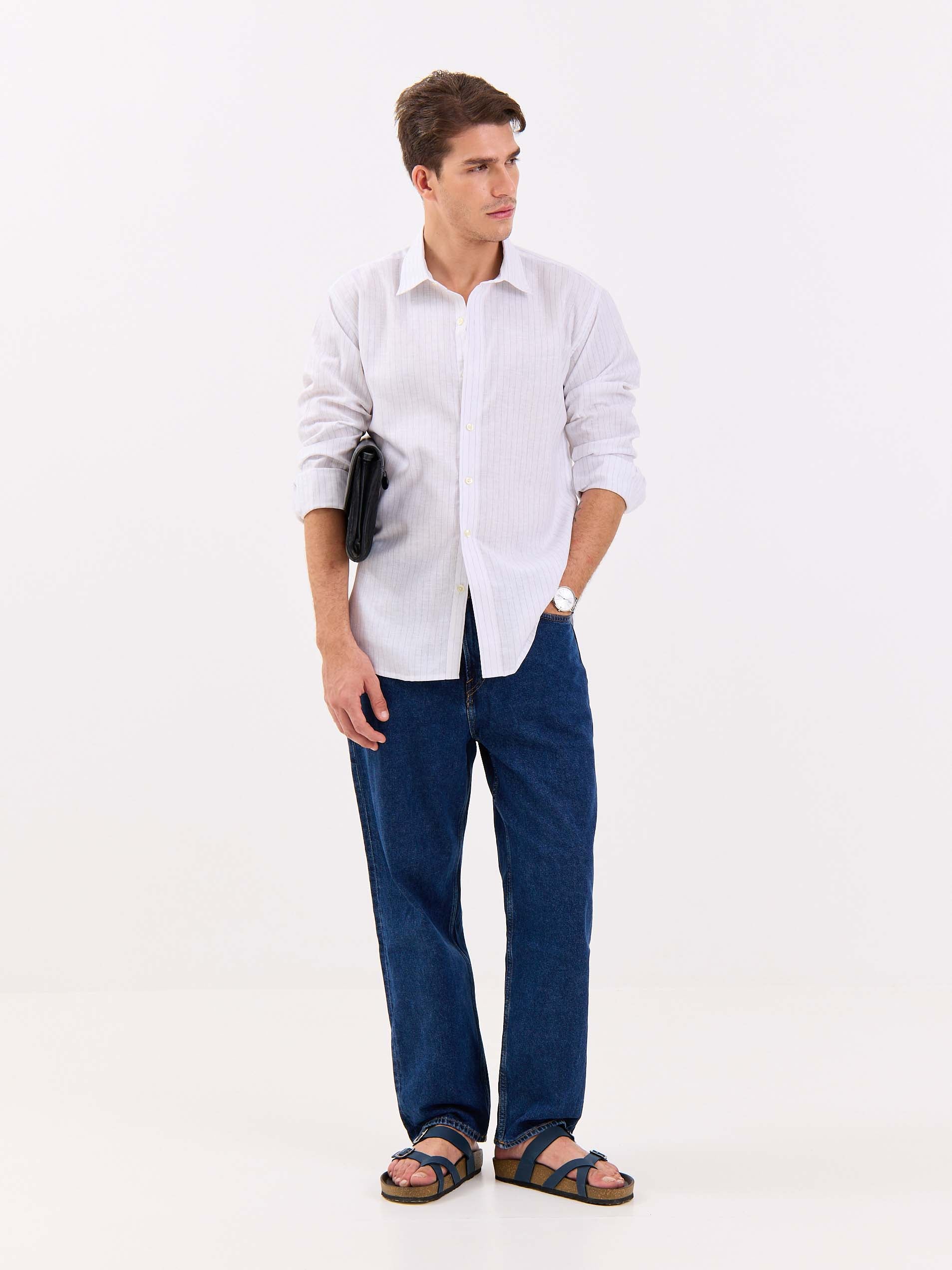 White & Blue Striped Linen-blend Shirt - Image 4