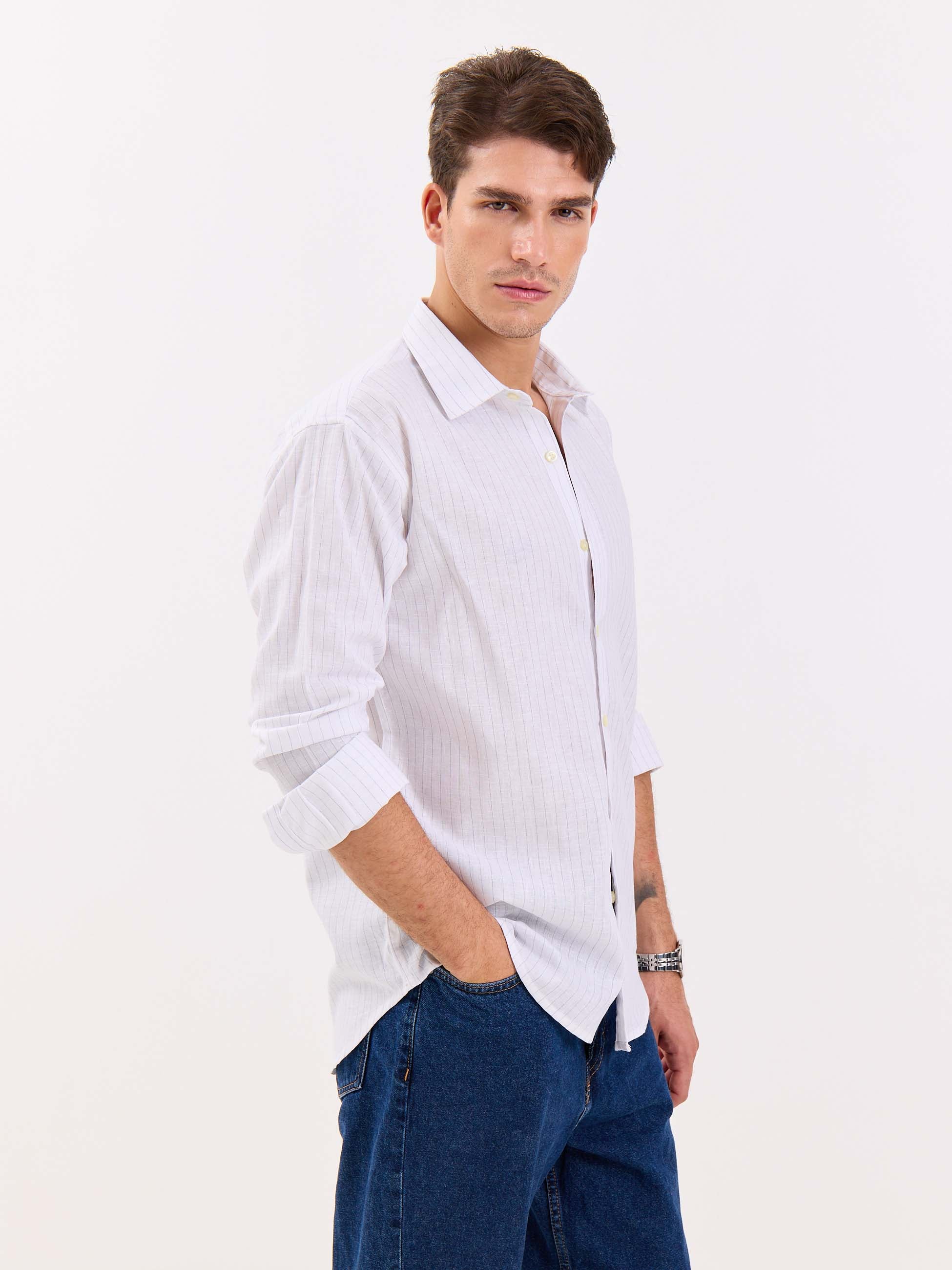 White & Blue Striped Linen-blend Shirt - Image 6