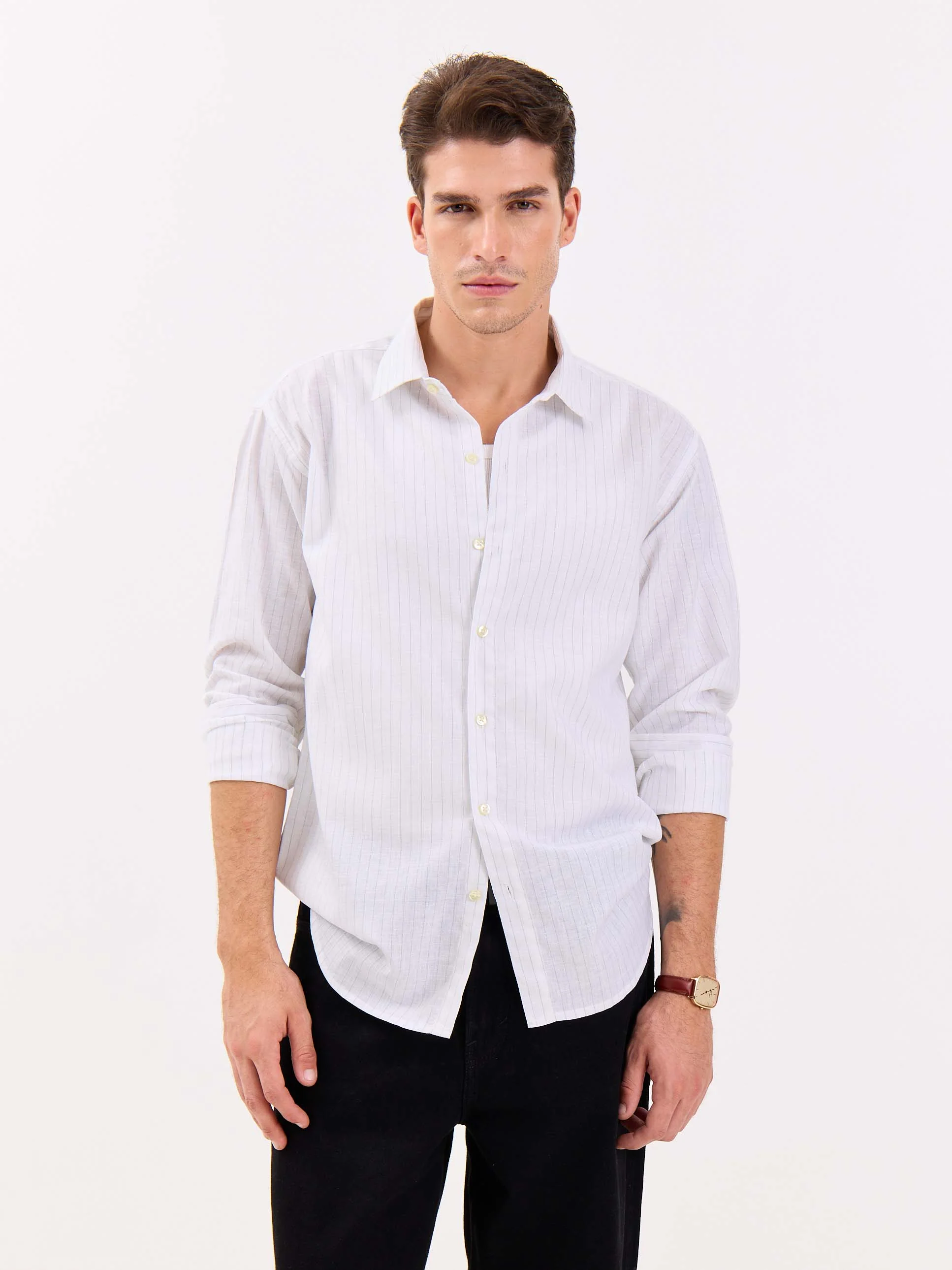 White & Green Striped Linen-blend Shirt - Image 2
