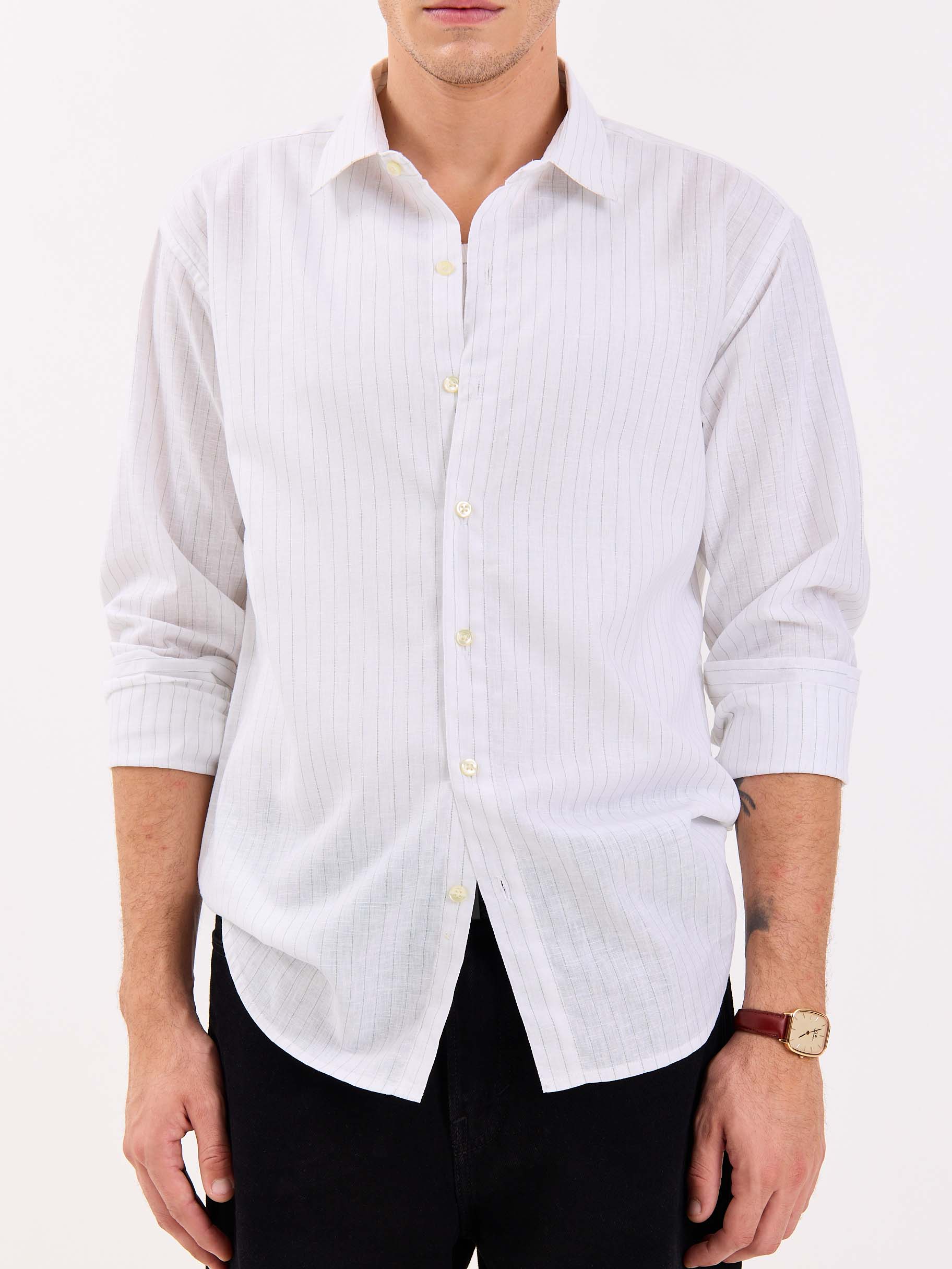 White & Green Striped Linen-blend Shirt - Image 3