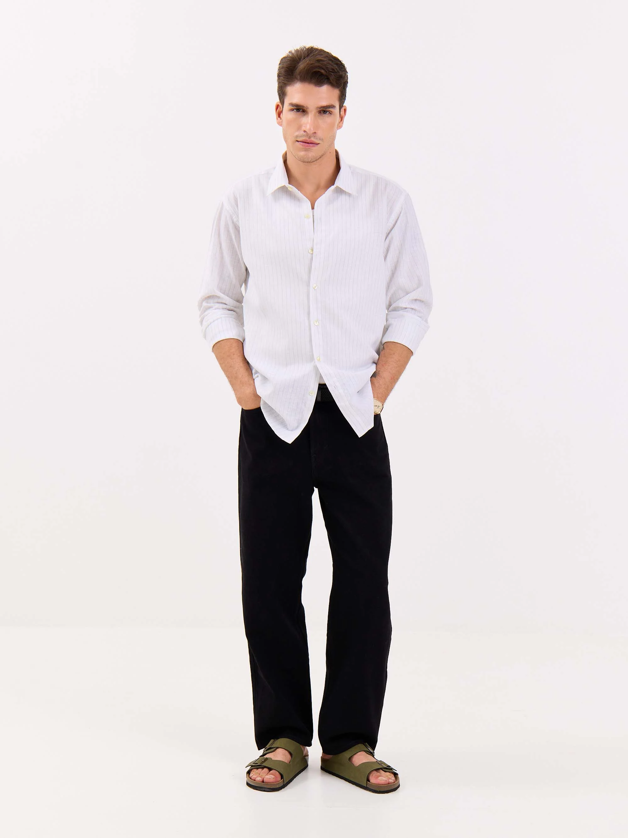 White & Green Striped Linen-blend Shirt - Image 4