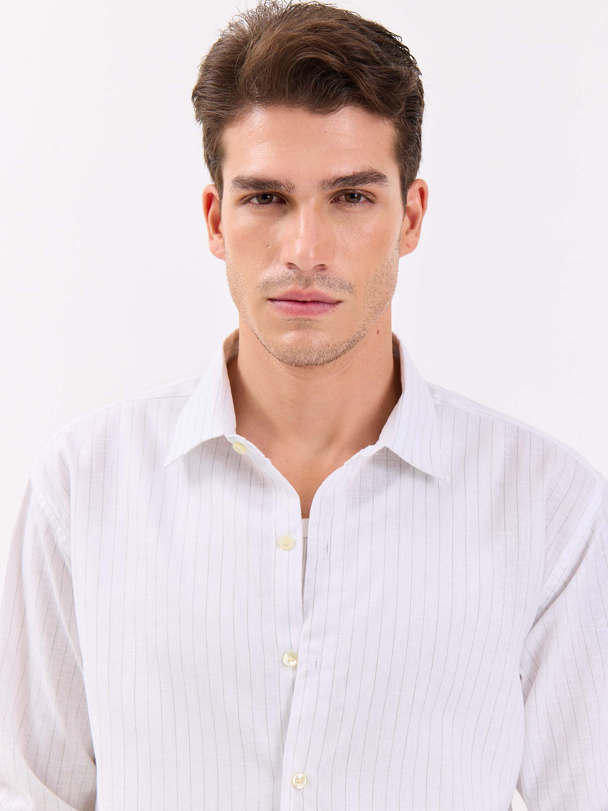 White & Green Striped Linen-blend Shirt - Image 5