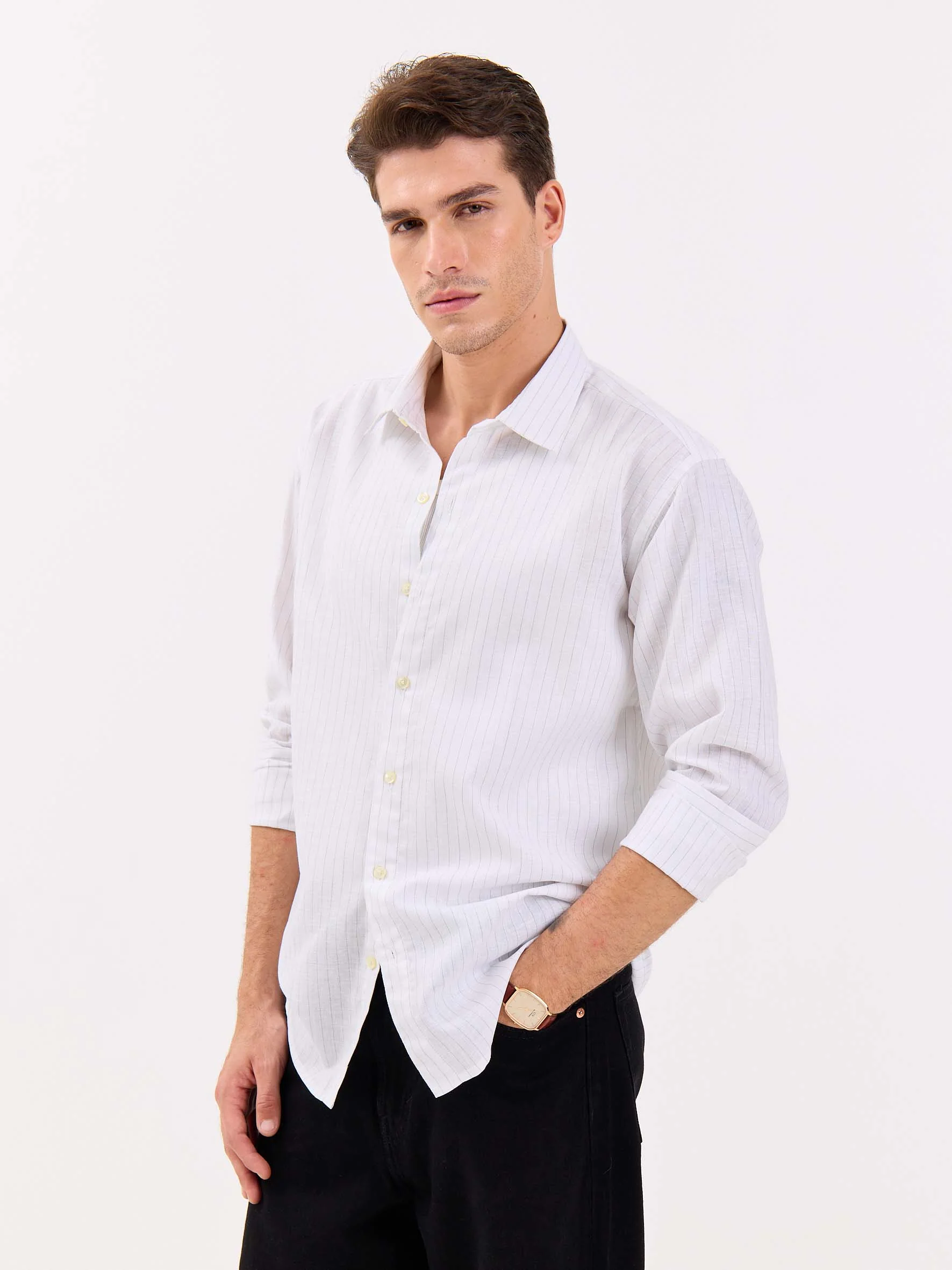 White & Green Striped Linen-blend Shirt - Image 6