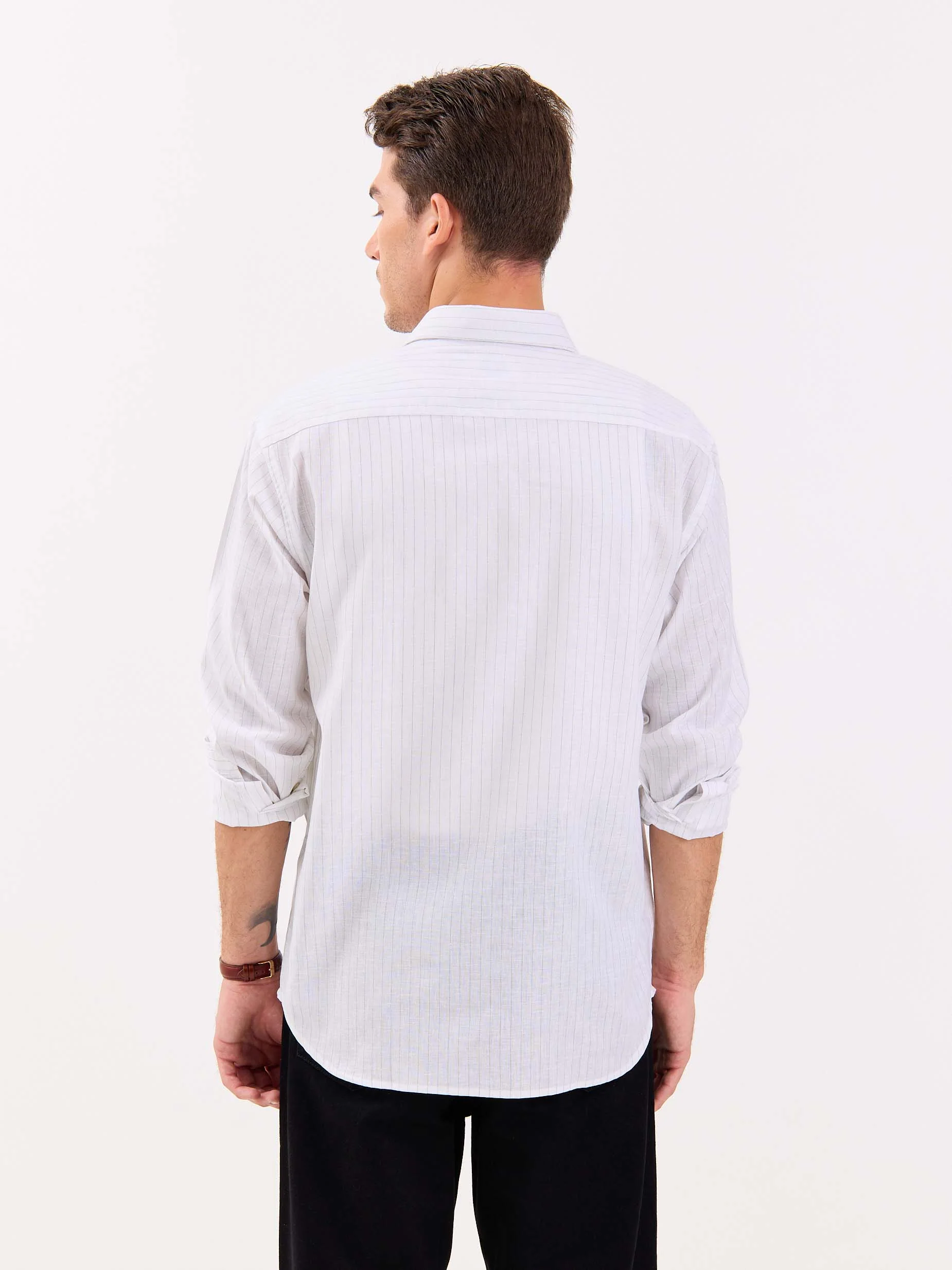 White & Green Striped Linen-blend Shirt - Image 7