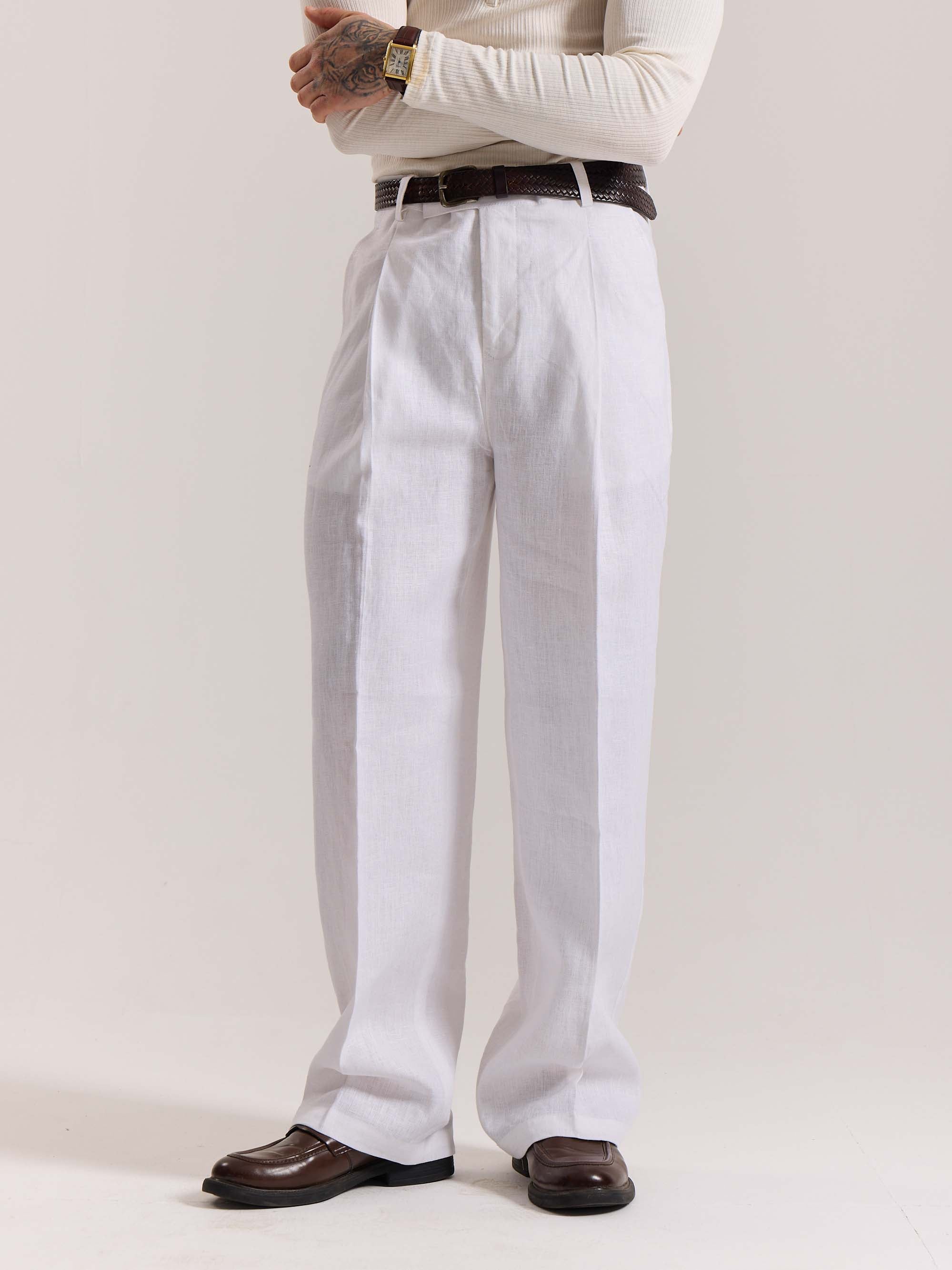 White Linen Baggy Fit Trousers - Image 3