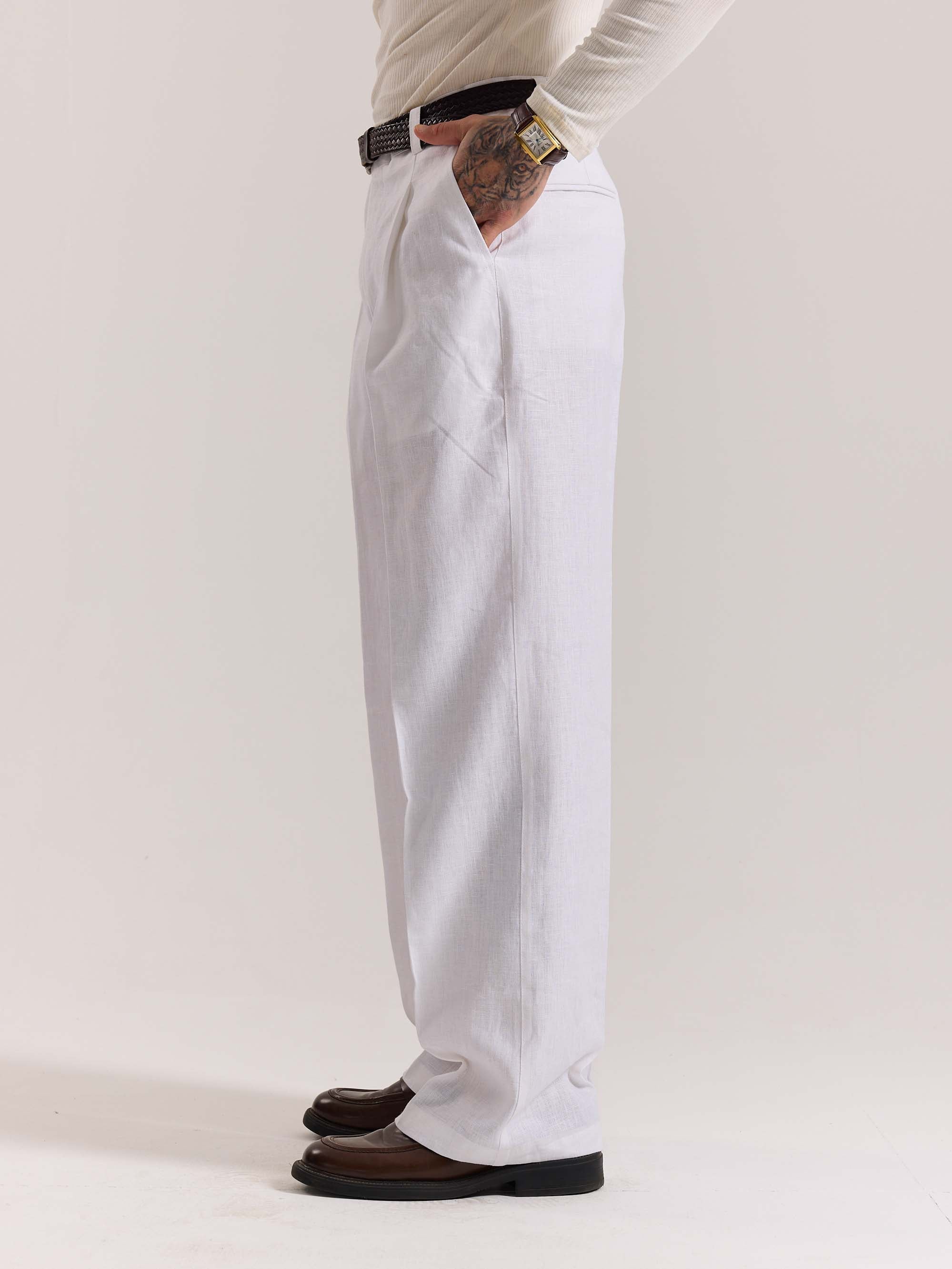 White Linen Baggy Fit Trousers - Image 5