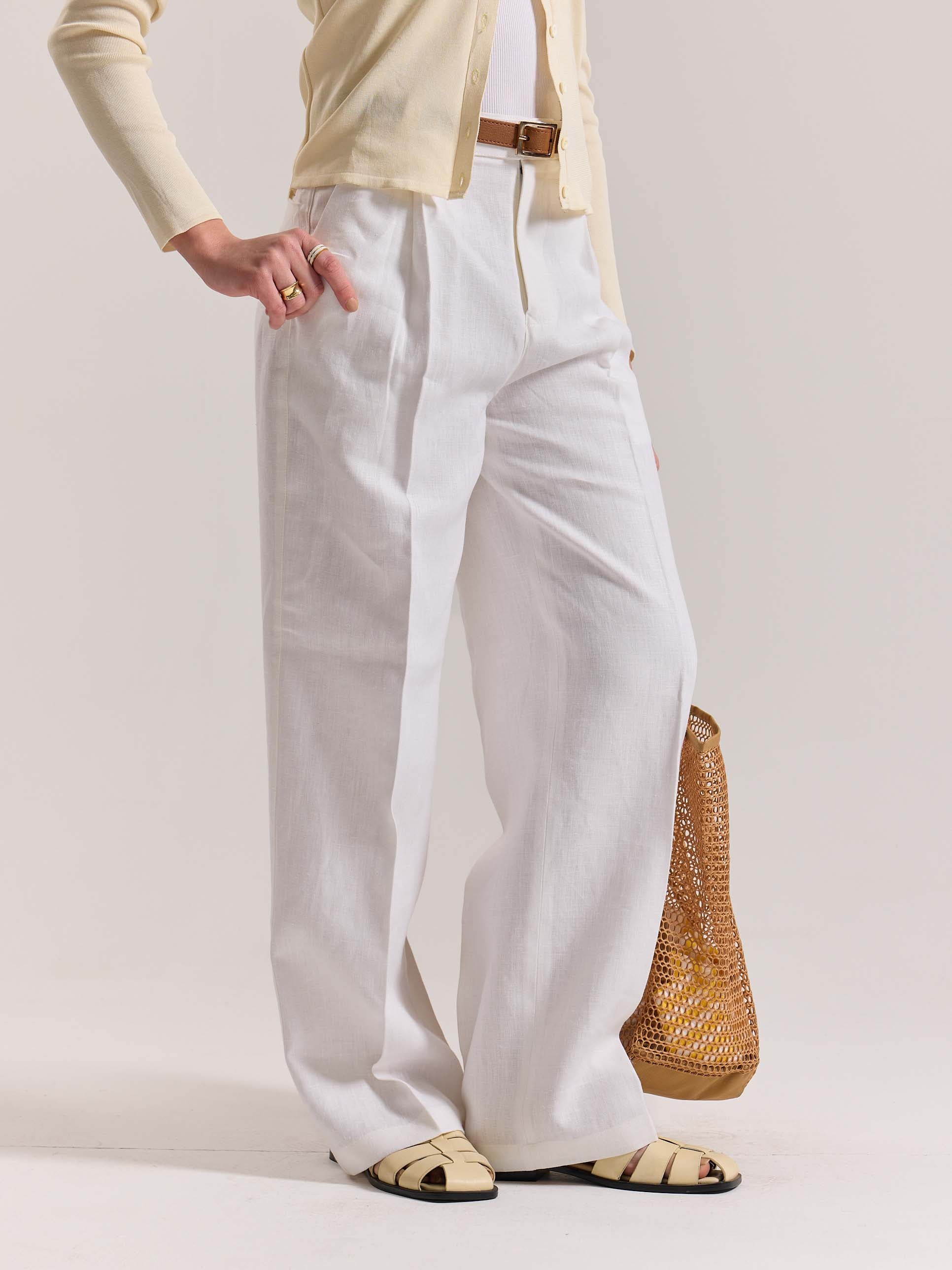 White Linen Baggy Fit Trousers - Image 6
