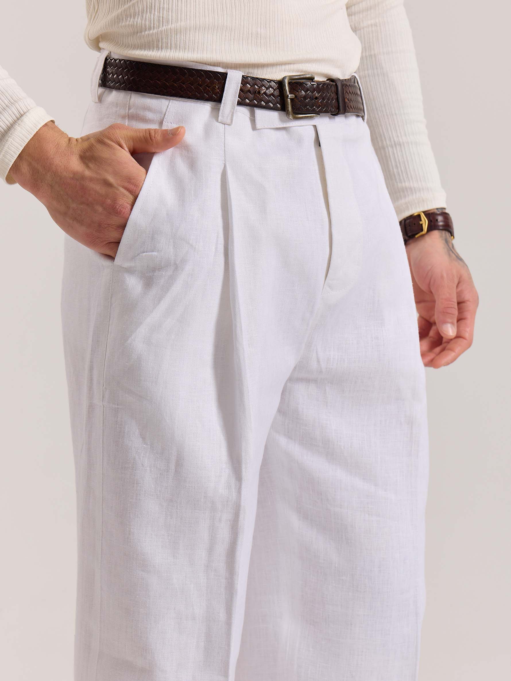 White Linen Baggy Fit Trousers - Image 7
