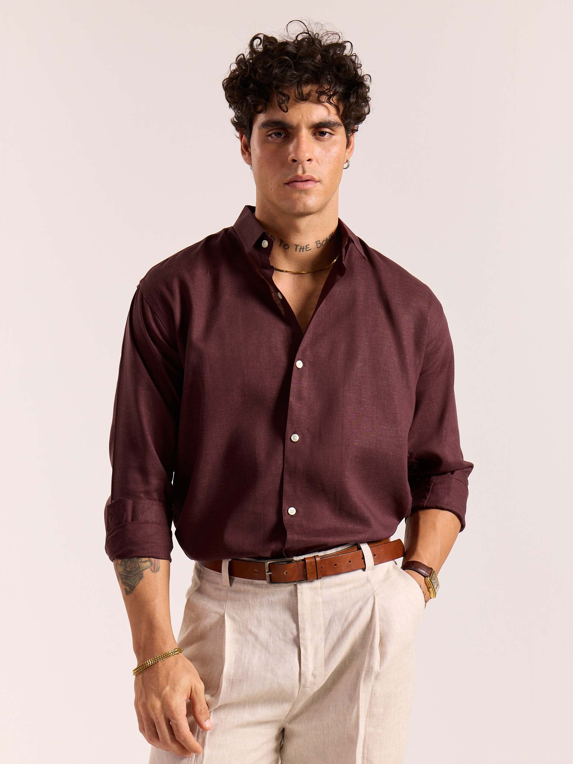 Wine Linen-blend Shirt - Image 3