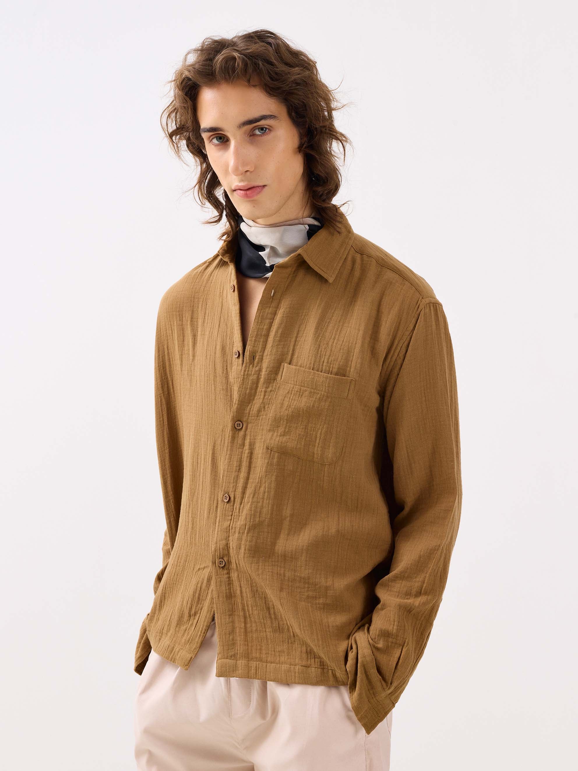 Wood Brown Gauze Holiday Shirt - Image 4