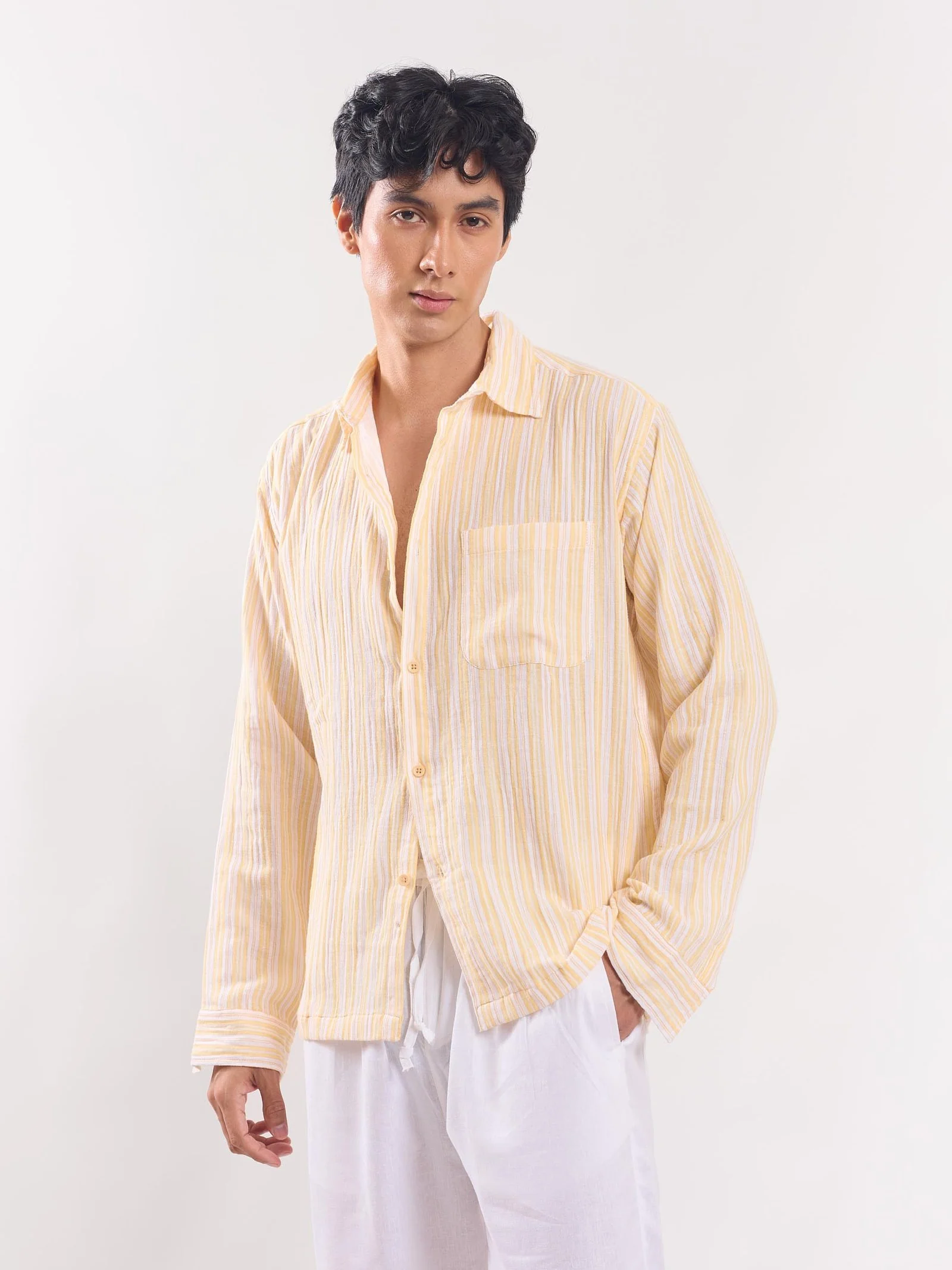 Yellow Striped Gauze Holiday Shirt - Image 5